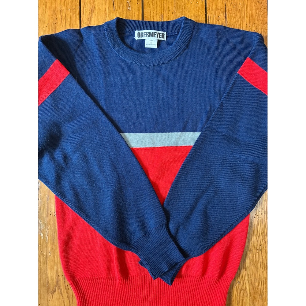 Obermeyer Vintage Ski Sweater Mens Small Navy Red Grey Colorblock Knit Pullover